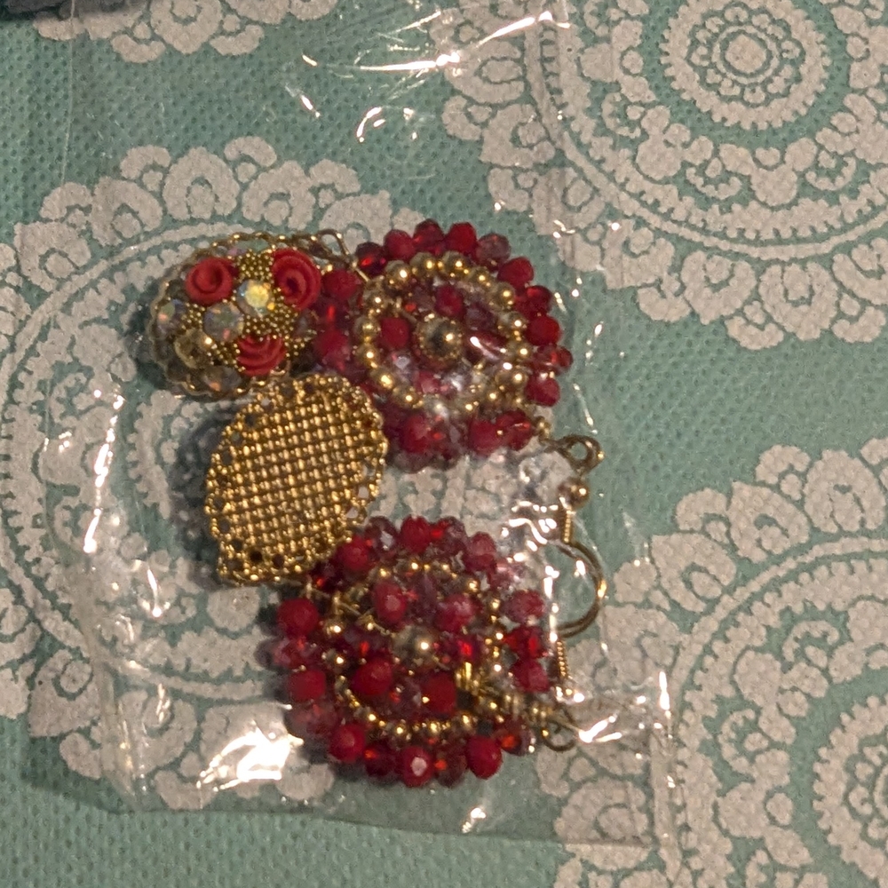 Vintage Red and Gold Floral Earrings